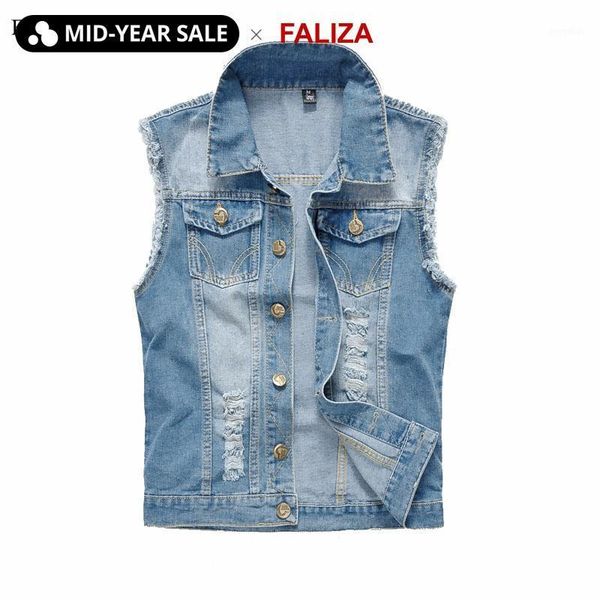 

faliza mens spring summer autumn men's denim vests ripped sleeveless jeans coat male waistcoats tank mens jacket 6xl mj-l1, Black;white