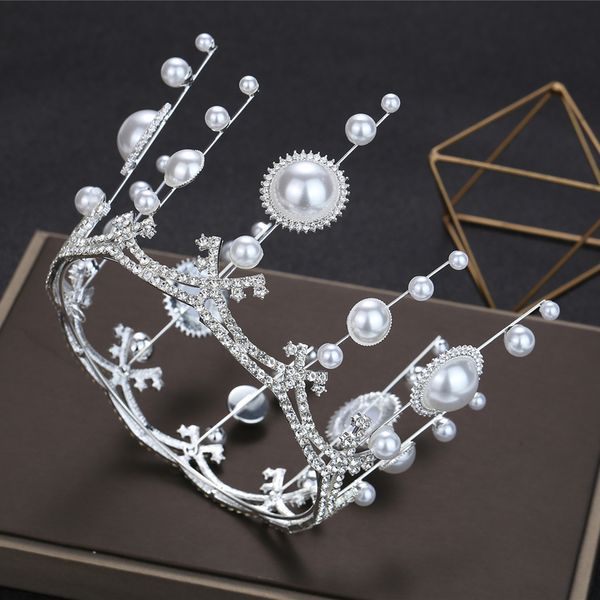 

mheaddress new 2020 atmosphere round hair bridal ornament big pearl high grade queen's crown knot wedding dress accessories k, Silver