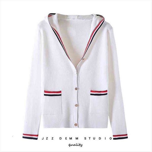 

korean autunm striped v-neck knitting hooded cardigan women button casual pockets sweater women, White;black