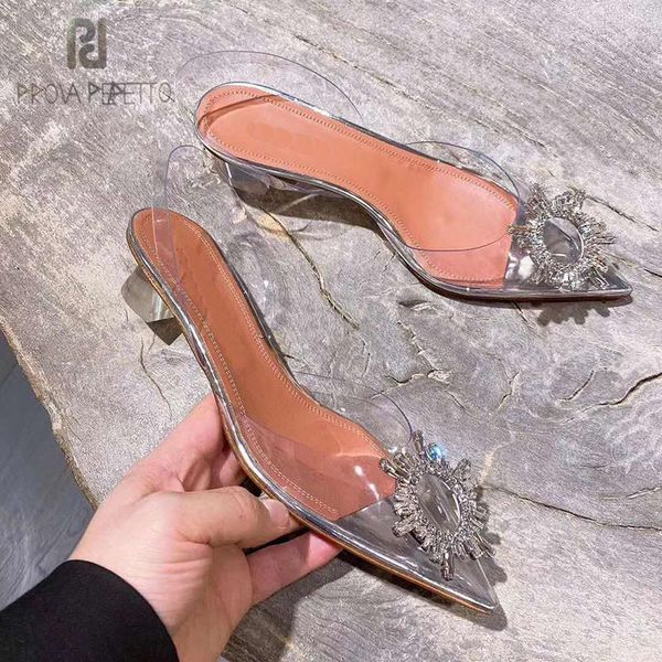 

prova perfetto 2020 crystal clear heeled slingback насосы сандалии женщин элегантный остроконечные toe стразы на высоких каблуках свадебная, Black