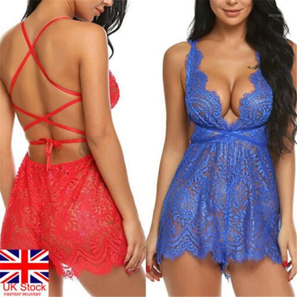 

lingerie erotic lace nightgowns strappy v neck backless lace up mini dress lady underwear nightdress abydoll sleepwear1, Black;red