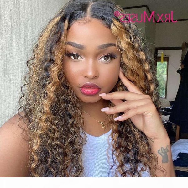 

highlights lace front human hair wigs deep wave honey blonde mix color frontal water curly t part wig preplucked for black women, Black;brown