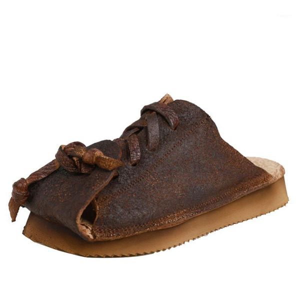 

yourseason vintage genuine leather slippers women 2020 new ladies summer slides outside wear sewing shoes handmade flat with1, Black
