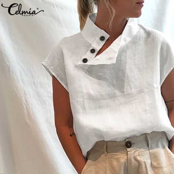

celmia fashion women short sleeve summer shirts buttons solid cotton linen blouses tunic casual loose blusas femme plus size, White