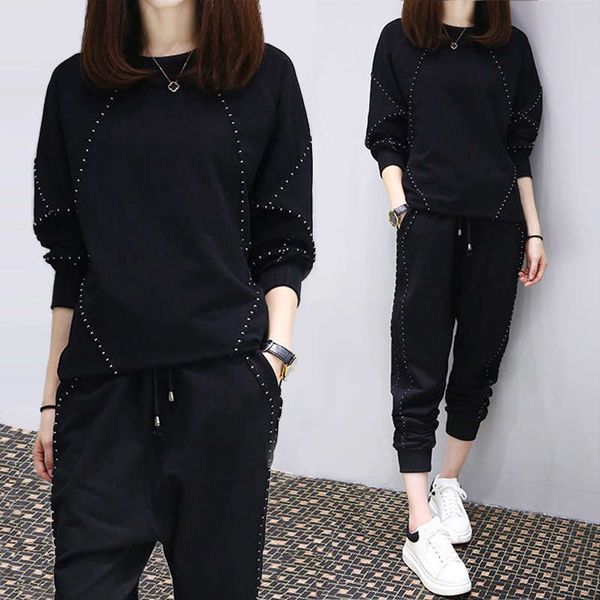 

large size fat sister show thin sweater set autumn and winter 2020 new women's meat cover, age reduction two piece suit, Black
