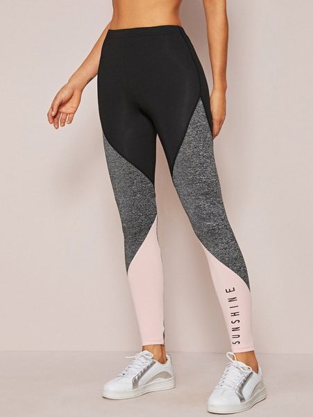 

letter graphic colorblock leggings p4i8#, Black
