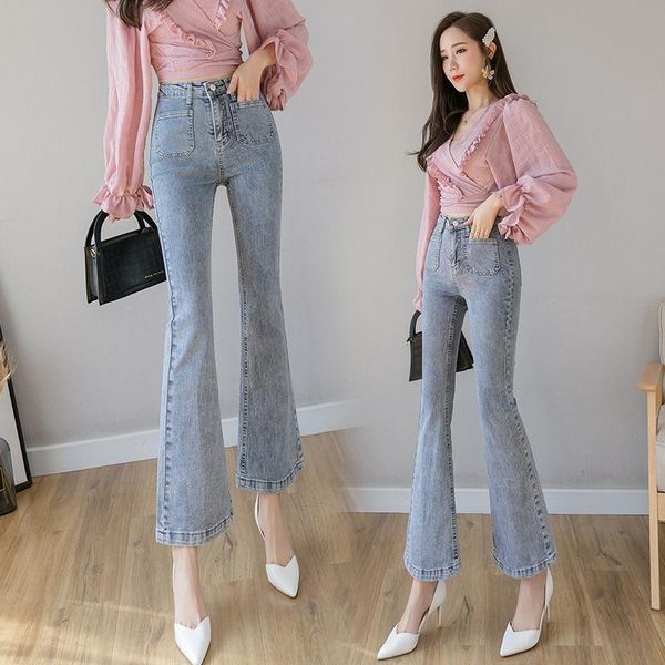 

2021 spring summer new korean boot cut jeans female lady casual streetwear high waist slim flared denim pants for women, Blue