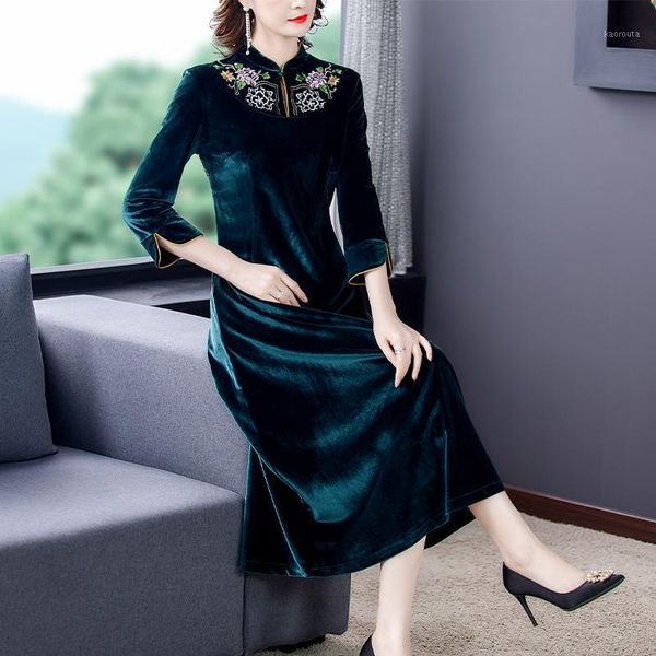 

new women autumn & winter elegant velvet dress festa long vintage office party robe femme designer vestidos1, Black;gray
