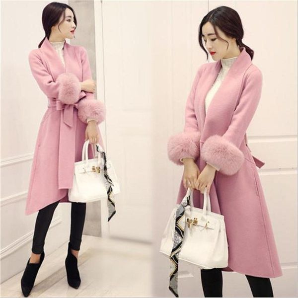

2021 women's new winter korean version of the wild thin imitation fox fur long female wool woolen coat trend, Black