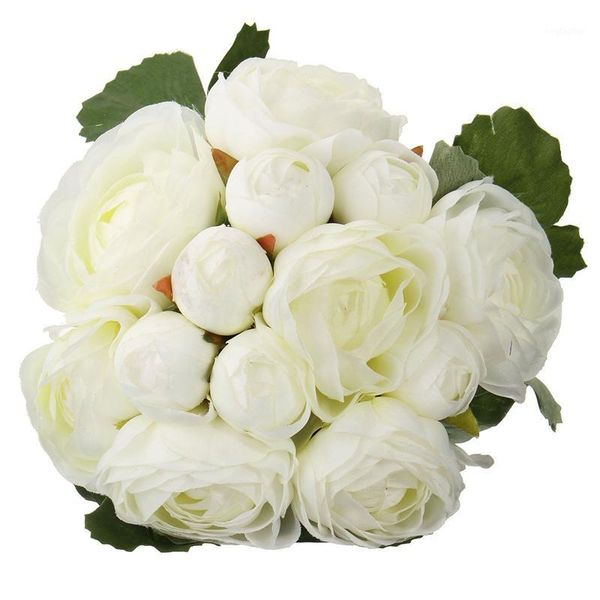 

decorative flowers & wreaths 13 head artificial silk cloth camellia flower wedding bridal bouquet party floral decor,white1