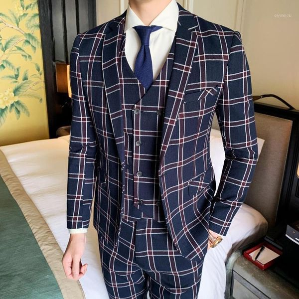 

british style plaid suits mens peaky blinder suits 3 piece smoking para hombre dinner party dress men wedding suit 2019 designer1, White;black