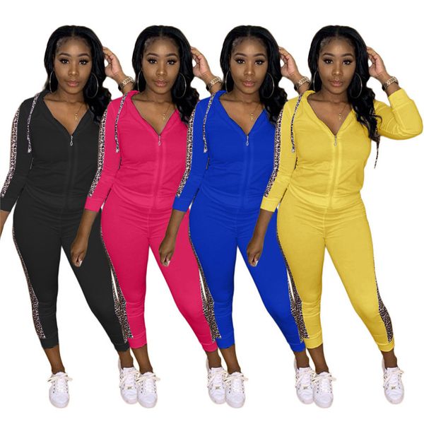 

leopard panelled womens designer tracksuits fashion zipper cardigan hooded long pants womens 2pcs sets casual females clothing, Gray