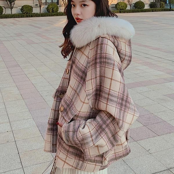 

lattice woolen coat womens 2020 autumn winter korean fashion short loose thicken all-match fur collar elegant woman woolens coat, Black