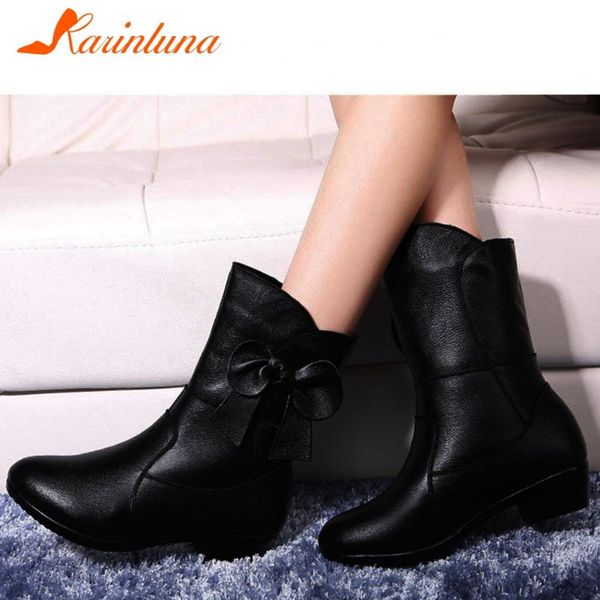 

karin female shoes leisure round toe leather butterfly-knot ladies elegant low heel ankle boots slip-on, Black
