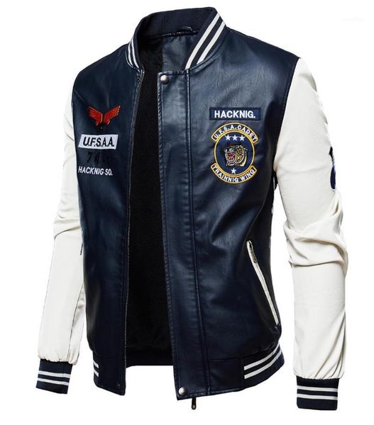 

mens baseball varsity jacket pu leather biker jackets waterproof men stand collar slim fit casual flight bomber coat jacket1, Black