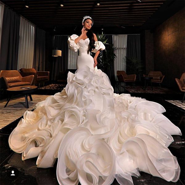 Luxo Ruffles sereia Vestidos 2020 Querida Satin Longo Prom Vestidos Handmade Flores Ocasiões especiais Vestido