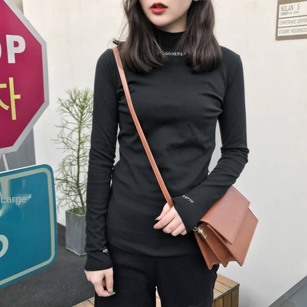 

women's t- t-shirt embroidery with letter embroidery in autumn and winter 2020korean version of casual high collar long sleeve bottomin, White
