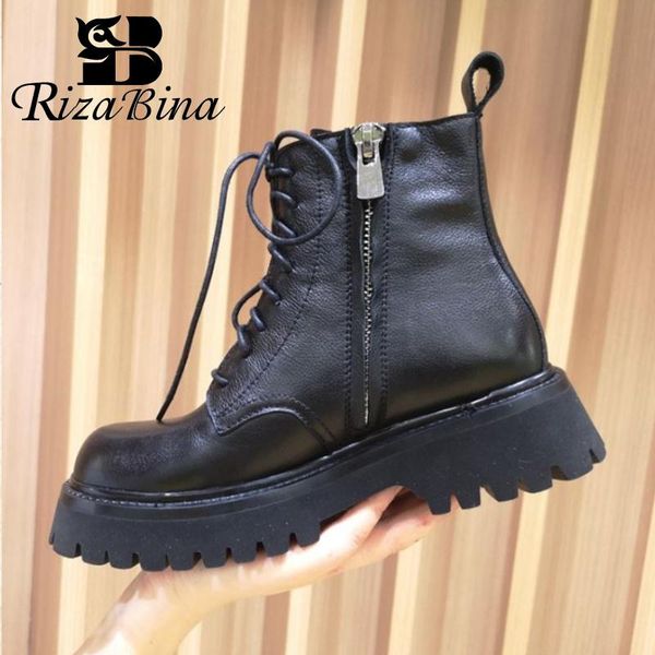 

rizabina genuine leather woman ankle boots fashion thick bottom winter shoes woman warm zipper casual short boot size 34-40, Black