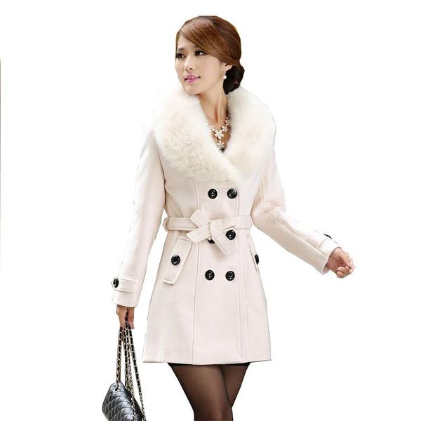 

женская зимняя мода теплый большой меховой воротник пальто куртки осень зима корейский двубортный средней длины пальто, Black