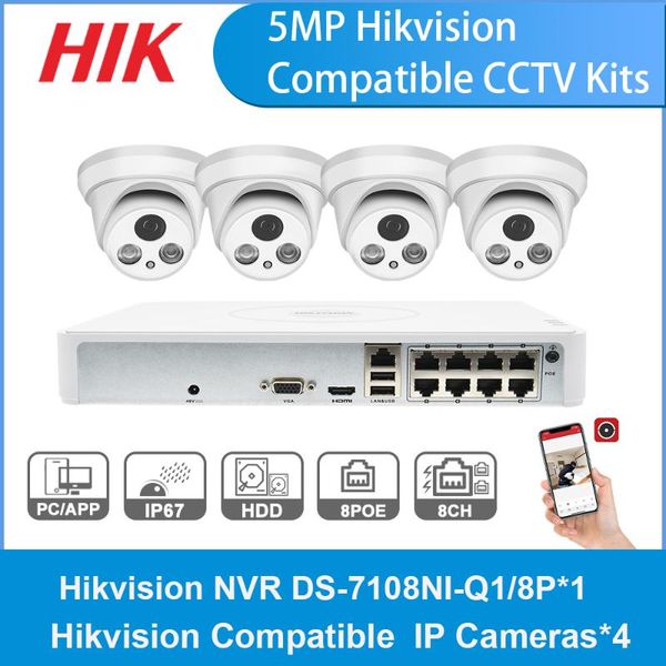 

hikvision compatible cctv kits system 4pcs 5mp ir day&night ip camera hikvision 8ch poe nvr ds-7108ni-q1/8p video cctv security