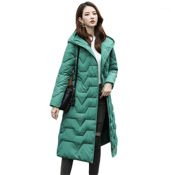 

winter coat women green m-3xl plus size loose hooded parkas 2021 autumn new korean fashion belt long down cotton jackets1, Black