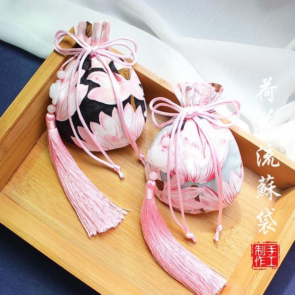 

storage bags vintage chinese style jewelry bag cotton handmade classic lotus pattern sachet lucky jade tassel gift drawstring