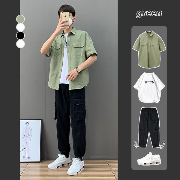 

2020 summer new solid color short loose fashion men's casual half sleeve shirt coat