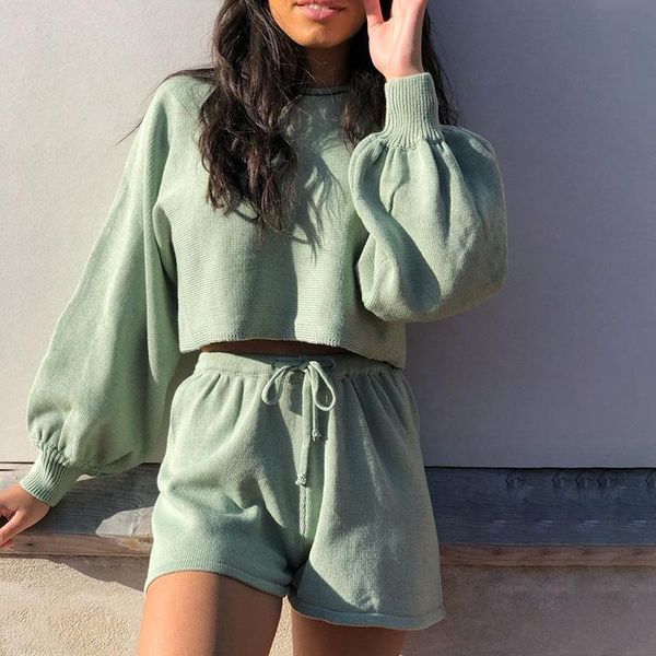 

women's tracksuits lace up shorts suit ladies 2021autumn o-neck high waist female suits knitted women cropped 2 piece sets lantern, Gray