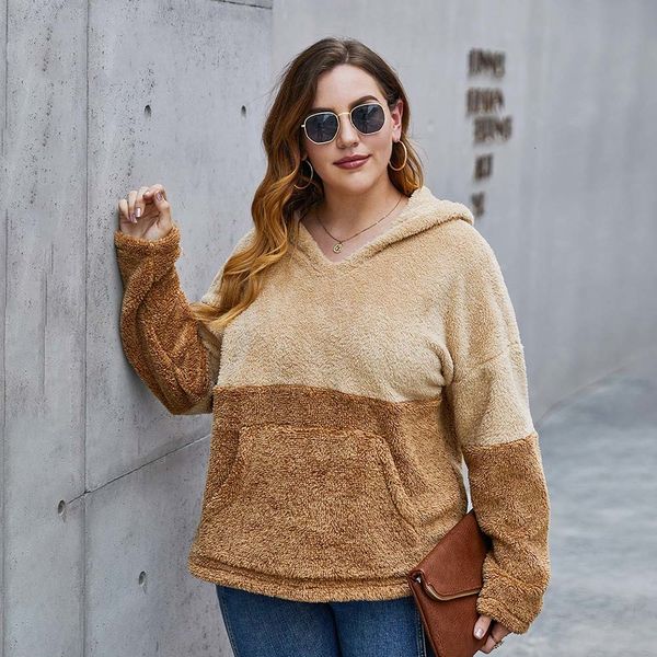 

plus size women's hoodie autumn winter fashion pocket color matching warmth thick hooded plush hoodie sweatshirt