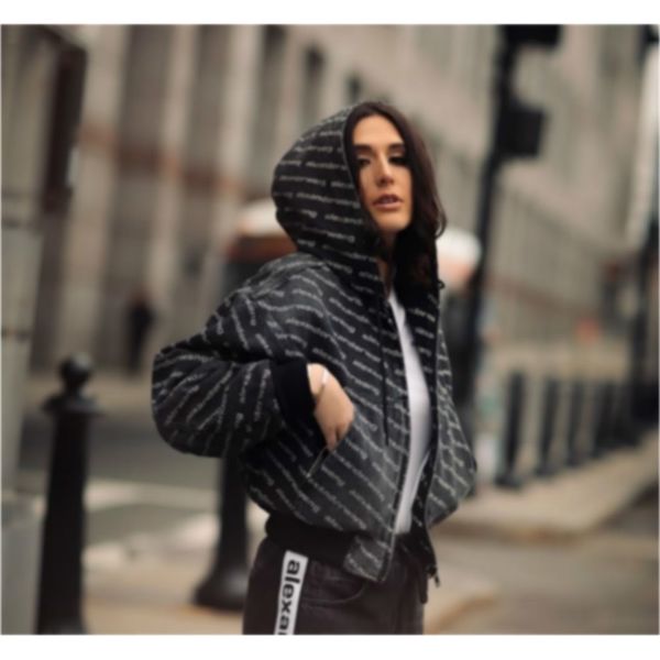 

102854 autumn winter fashion classic brand luxry design women letter allover print twill letter denim hooded jacket coat a2 201027, Black;brown