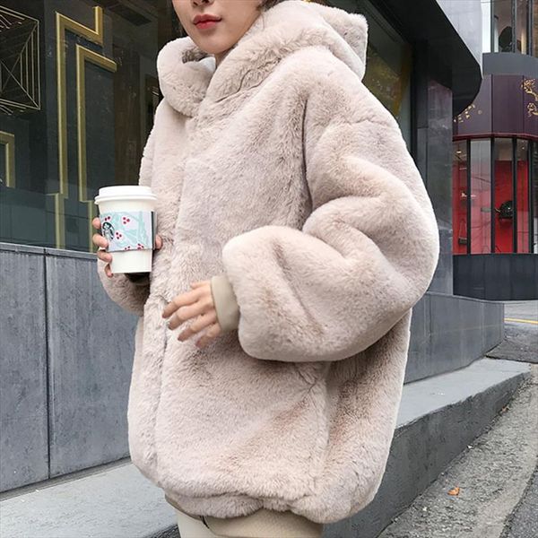 

повседневный стиль с капюшоном теплого зимы outwear женщина искусственного меха толстых teddy bear coat 2020 мода женской шинели, Black