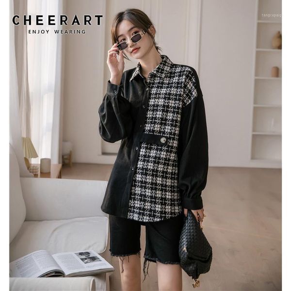 

cheerart autumn long sleeve shirt women plaid patchwork black button up collar shirt casual korean blouse clothing1, White