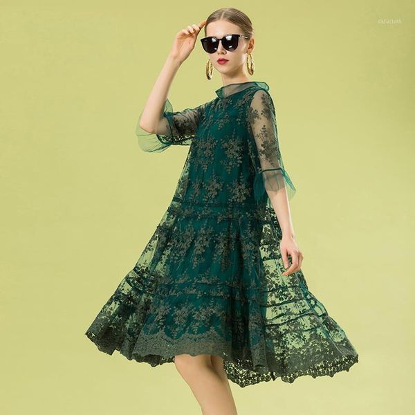 

2020 summer womens 3/4 flare sleeve embroidery stand collar green dress , spring korean style women 4xl loose mesh dresses1, Black;gray