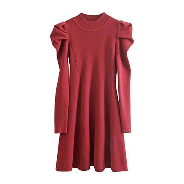 

perhaps u women black khaki red knitted long sleeve a line elegant mini dress female solid puff sleeve stand collar d30041, Black;gray