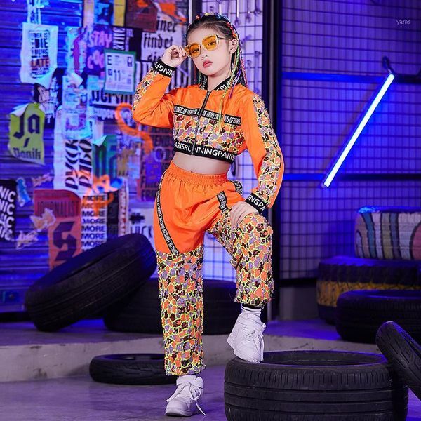 

2020 new kids jazz dance performance costume for girls orange camouflage suit children's hip hop street dance clothing dl48431, Black;red