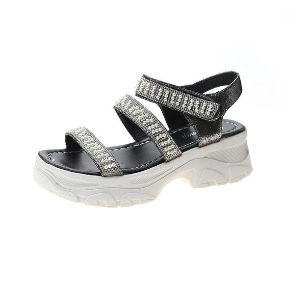 

sandals 2021 sneakers sports flat open toe pearl hook loop platform thick bottom women sandalias mujer shoes1, Black