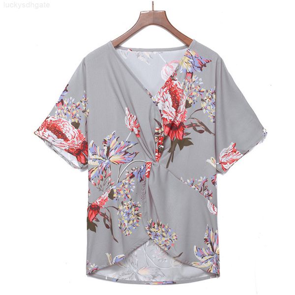 

summer floral print twist knot blouses women's v neck 7colors, White