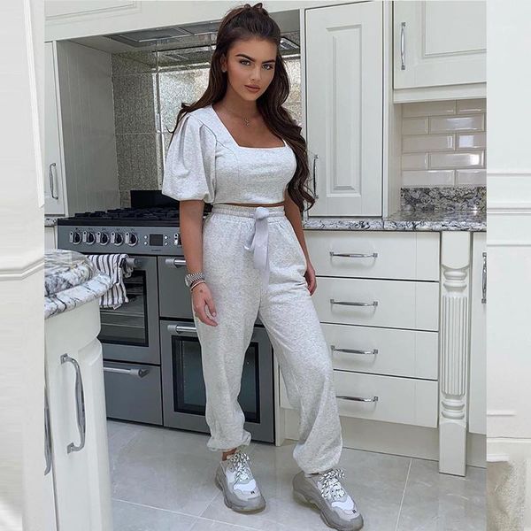 

2020 new summer womens loungewear set vintage square collar short puff sleeve crop long pant two piece set pink jogging suit1, White