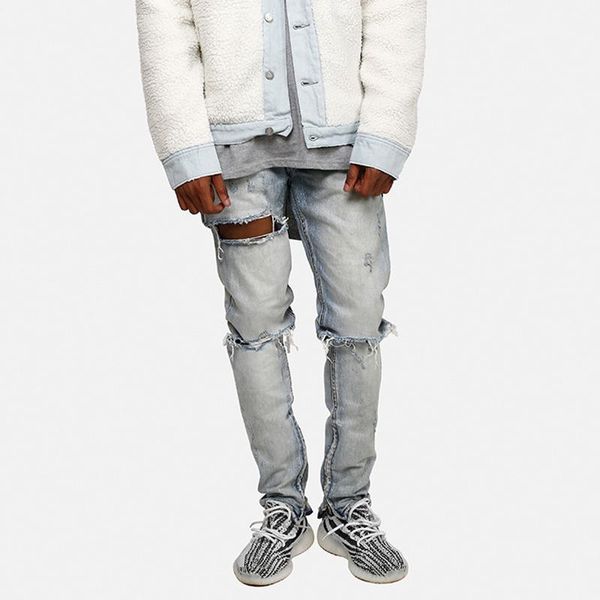 

fashion men's jeans zipper jeans high street hollow hip hop long1, Blue