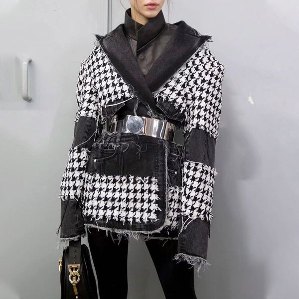 

casual tweed blazer feminino fashion houndstooth tweed denim stitching women blazers and jackets with belt jassen chamaras mujer, White;black