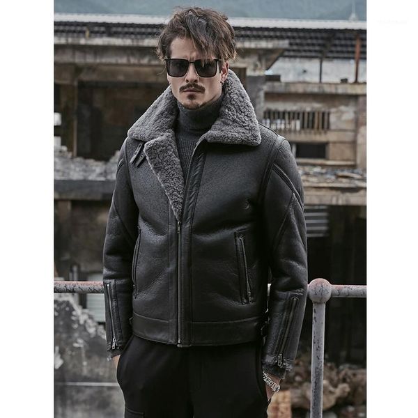 

2019 autumn and winter new mens b3 shearling jacket sheepskin coat short leather jacket fur coat mens winter coats1, Black