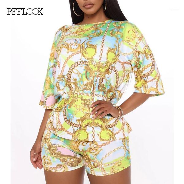 

pfflook print tie dye boho two piece set summer casual loose pullover 2 piece set women half sleeves o neck shorts tracksuit1, Gray