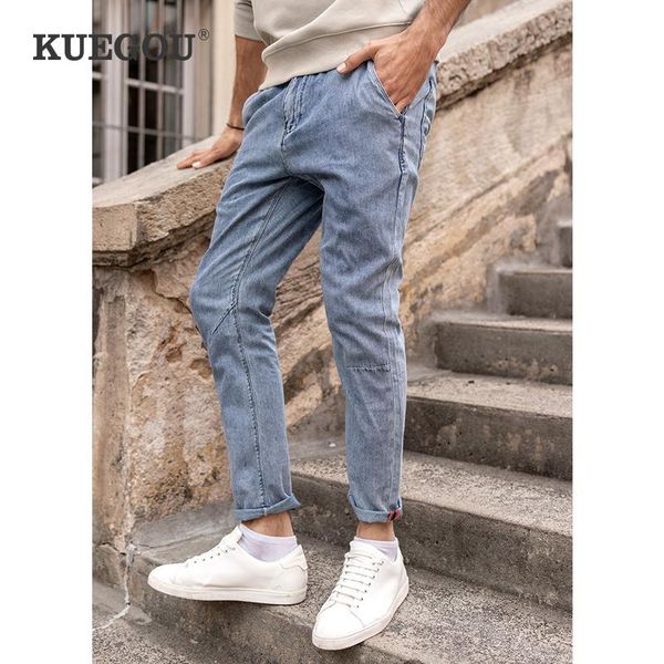 

kuegou 100% cotton autumn spring tapered jeans men pants light blue denim trousers elastic waist drawstring plus size kk-2999