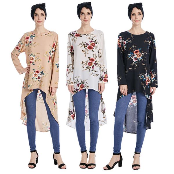 

dubai arab muslim blouse and shirt women print floral asymmetry hem loose hijab islam dovetail blouses islamic clothing, White