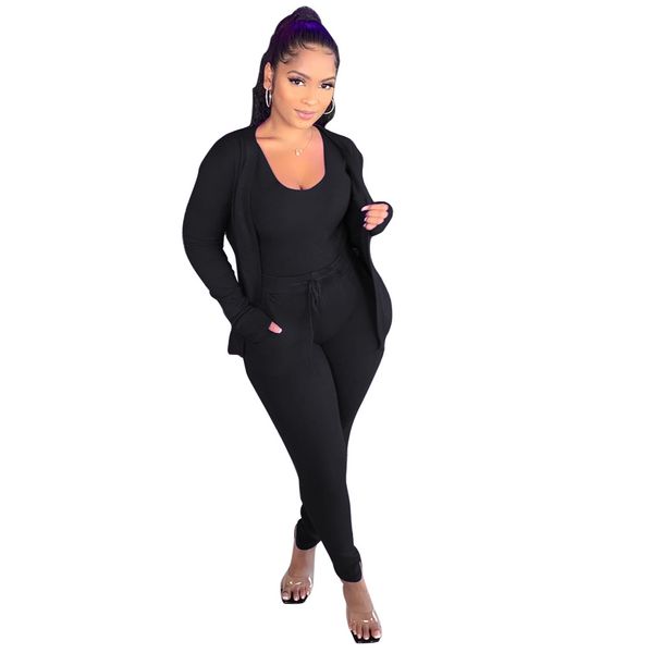 

women solid three piece pants v neck vest long sleeve coat lace up pants famale clothing suit, White