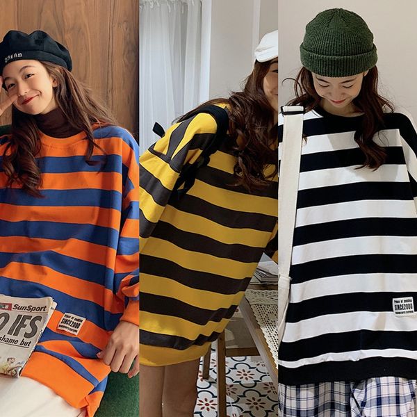 

autumn korean striped loose long coat pullover sleeve pullover sweater for women's thin and versatile student's mid long thin coat, Black