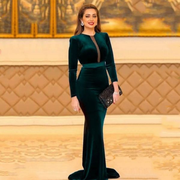 

arabic evening dresses o-neck velvet long sleeve green formal dress muslim dubai mermaid party dresses prom gown abiye elbise, Black;red