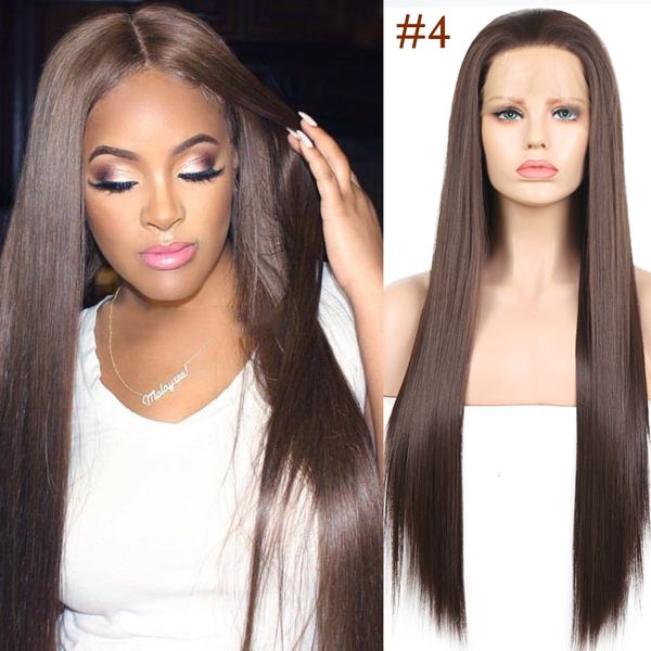 

fanxiton long straight glueless lace front wigs synthetic wigs with natural hairline heat resistant fiber women wigs, Black;brown