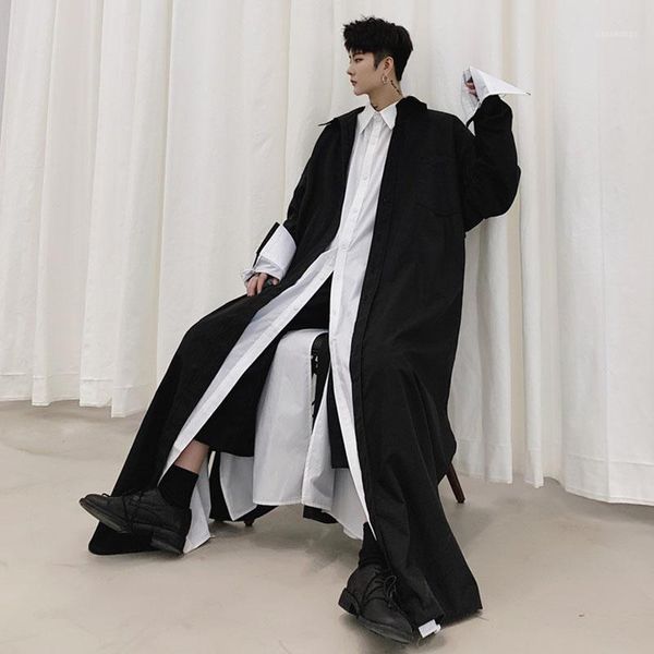 

men long sleeve loose shirt robe cardigan coat male japan streetwear gothic long style casual shirts jacket stage clothing1, White;black