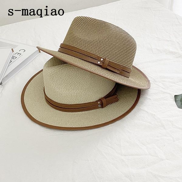 

wide brim hats s-maqiao summer hat for women men panama straw spring beach fedora uv sun protection capchapeau femme, Blue;gray